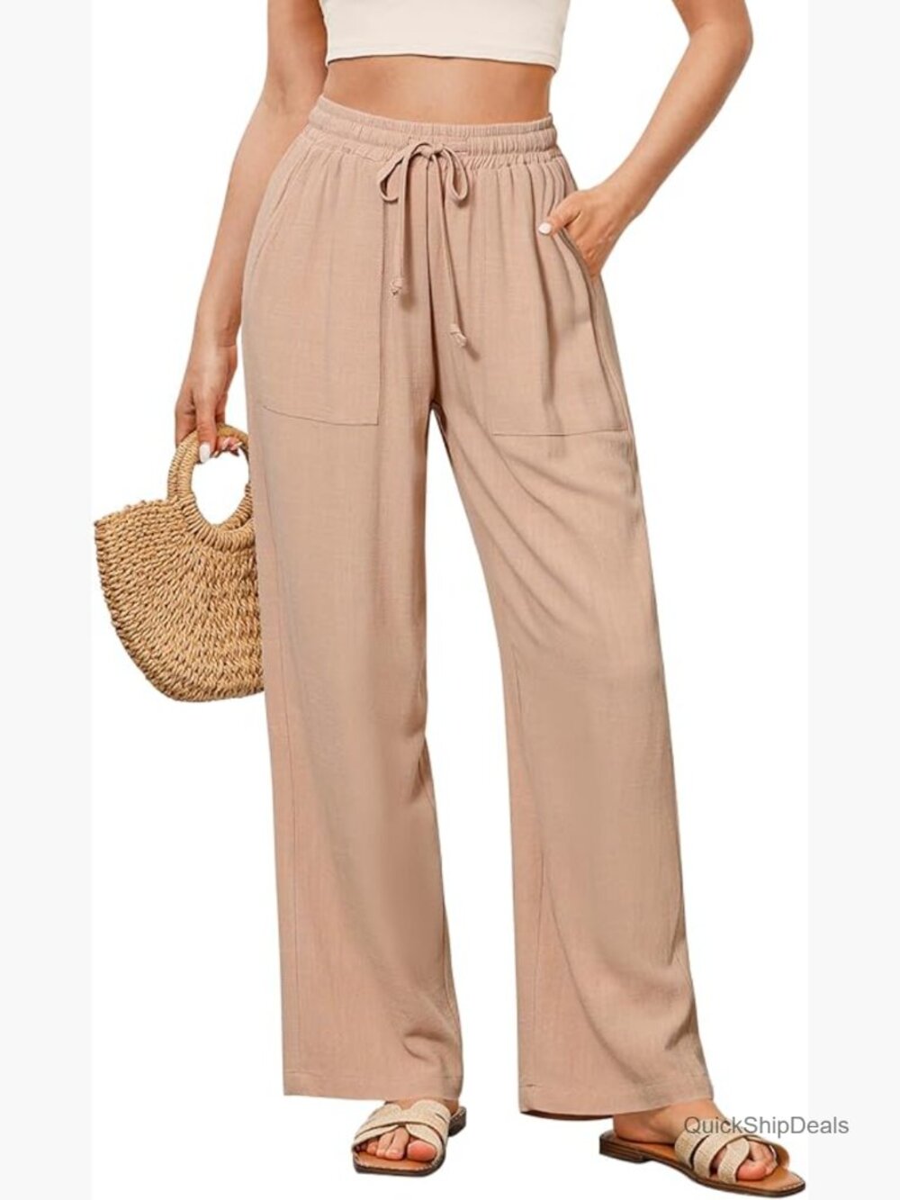 Linen Wide Leg Pants High Waisted Drawstring Elastic Waist Palazzo Trousers - Picture 1 of 7